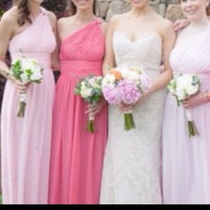 Donna Morgan bridesmaid dress in coral pink